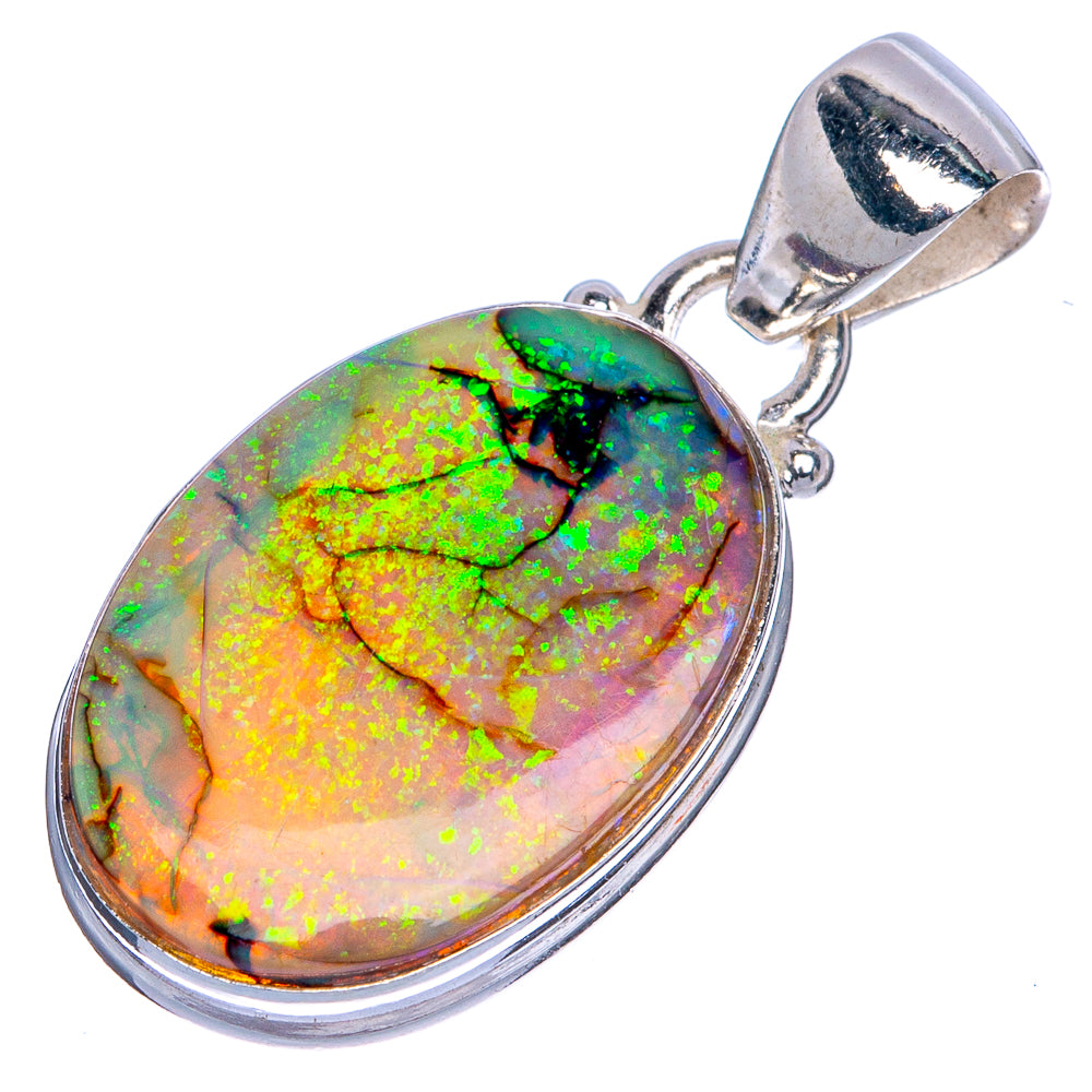 Sterling silver opal pendant with oval bezel, fiery orange, green, and blue play-of-color