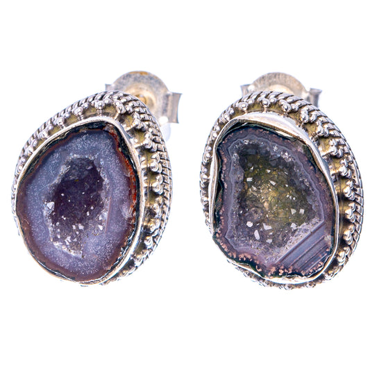 Oval druzy geode earrings in .925 sterling silver with rope bezel, dark purple stones.