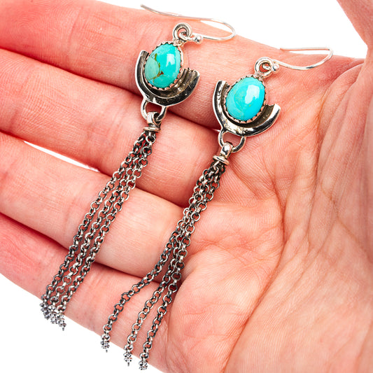 Turquoise oval drop earrings with silver-tone bezel and chain tassels, sterling silver