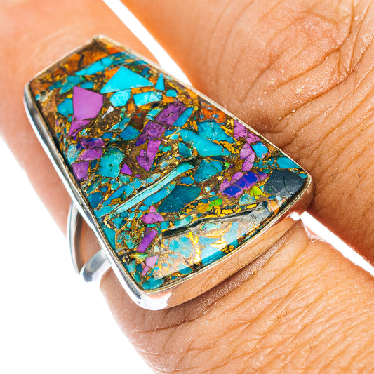 Turquoise and purple mosaic inlaid sterling silver square ring, size 7.25