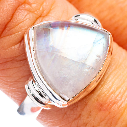 Sterling silver ring with pear-shaped rainbow moonstone, prong setting