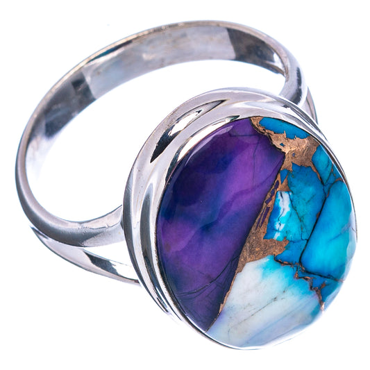 Turquoise and purple oval inlay sterling silver ring, polished band with split detail