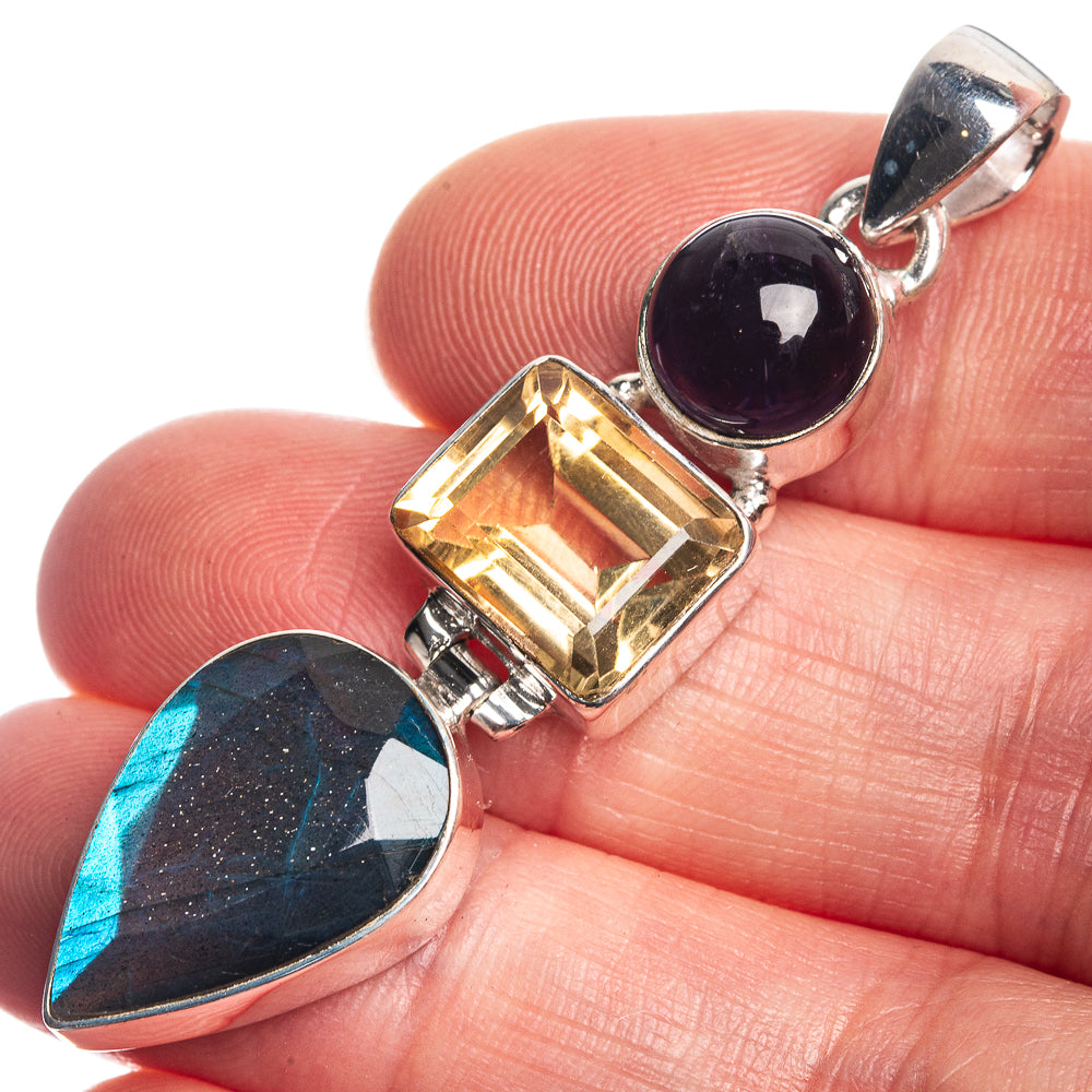 Labradorite, Citrine, Amethyst 925 Sterling Silver Pendant 2 1/8"