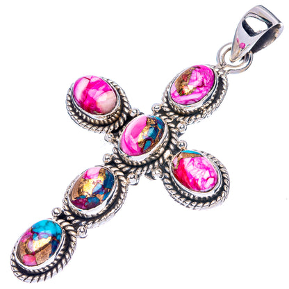 Kingman Pink Dahlia Turquoise Cross Pendant 2" (925 Sterling Silver) P43068