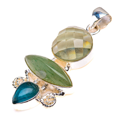 Sterling silver gemstone pendant with faceted green round, green oval, and blue teardrop stones
