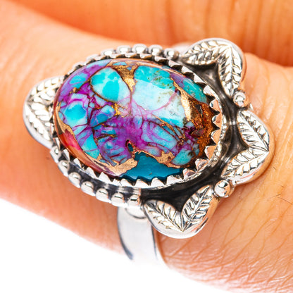 Silver oval turquoise gemstone ring with leaf bezel, pink and purple veining