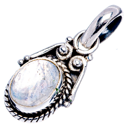 Oval rainbow moonstone set in ornate 925 sterling silver pendant with bail