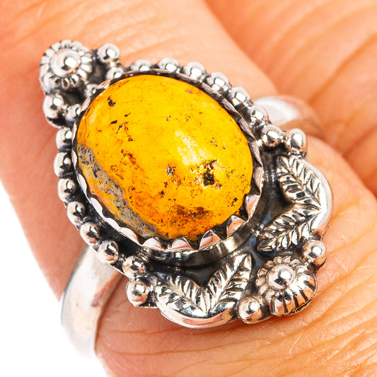 Size 6.75 sterling silver ring with oval yellow jasper cabochon, bead and leaf bezel