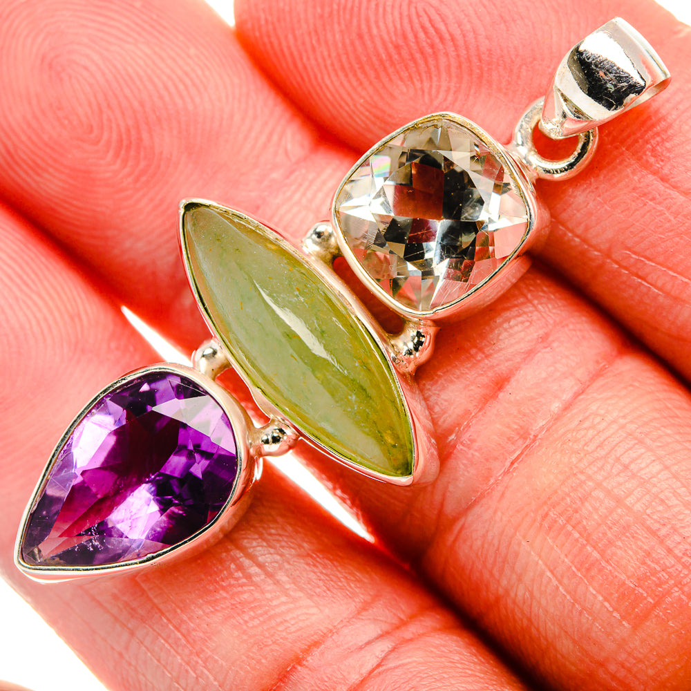 925 sterling silver pendant with green prehnite, purple amethyst, clear quartz teardrops