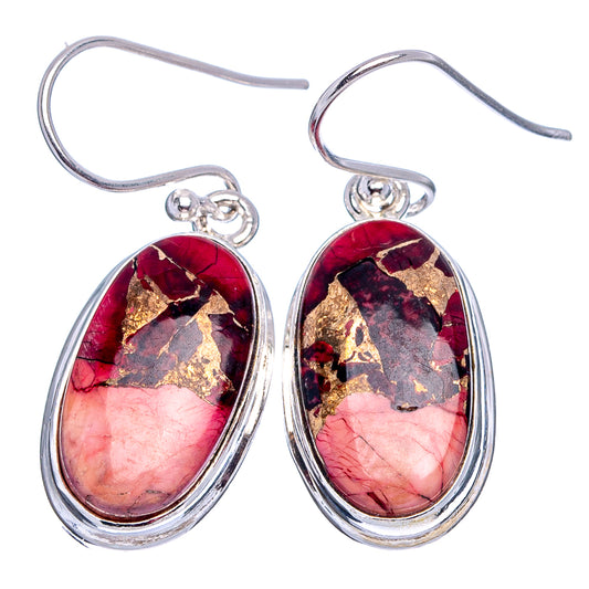 Teardrop turquoise earrings with red-pink oval stone in sterling silver, gold flecks, fishhook