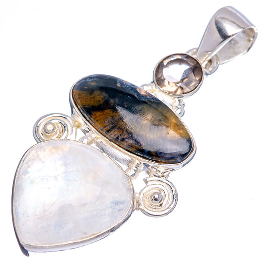 Sterling silver pendant with blue-gray oval quartz and white moonstone teardrop