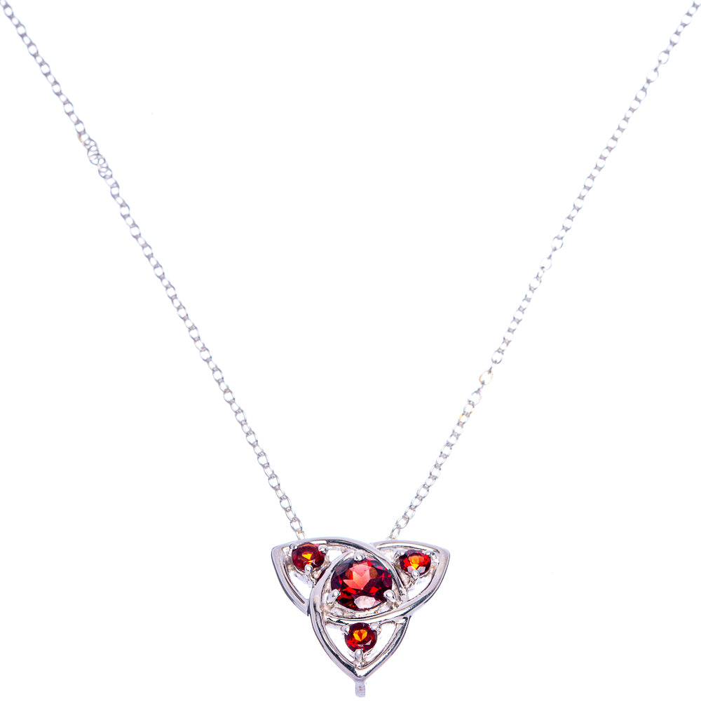 Sterling silver garnet necklace with triangular pendant and red gemstone cluster