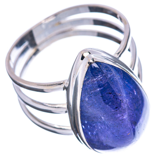 Sterling silver tanzanite ring with oval blue-violet gemstone in bezel, side view