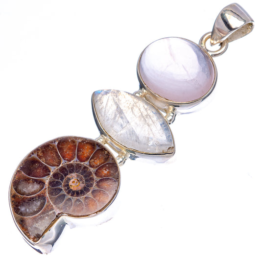 Layered gemstone pendant in sterling silver with moonstone, rose quartz, and ammonite fossil