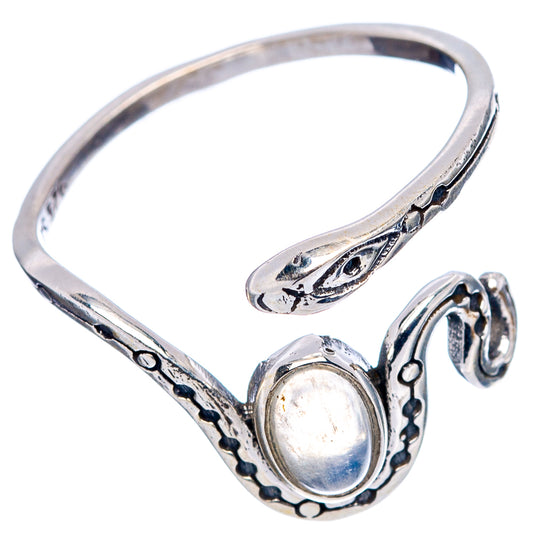 Adjustable sterling silver snake ring with oval moonstone bezel and open band details