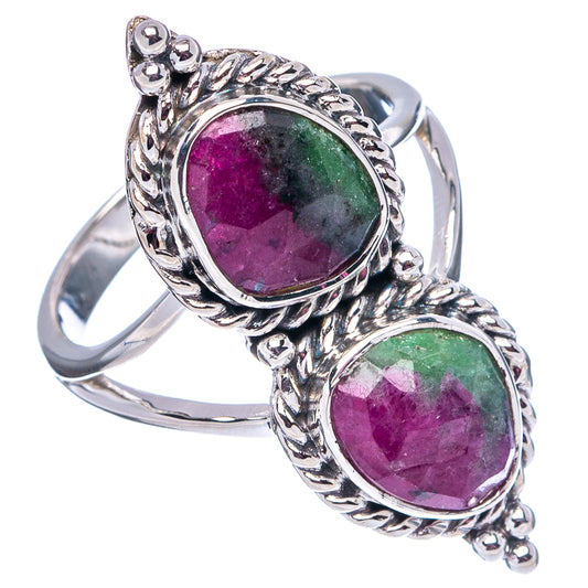 Sterling silver ring with paired oval ruby zoisite stones and detailed rope-like edges
