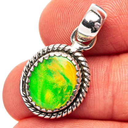 Sterling silver round opal pendant with green aurora glow and twisted rope bezel