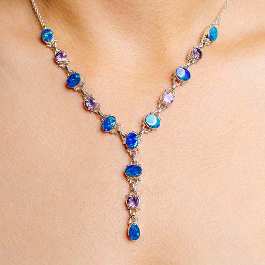 Sterling silver Y-necklace with alternating blue opal and purple amethyst stones