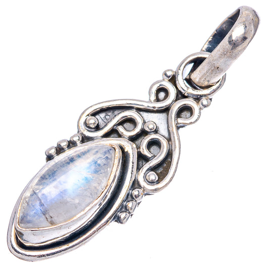 Sterling silver moonstone pendant with oval rainbow glow and ornate filigree setting