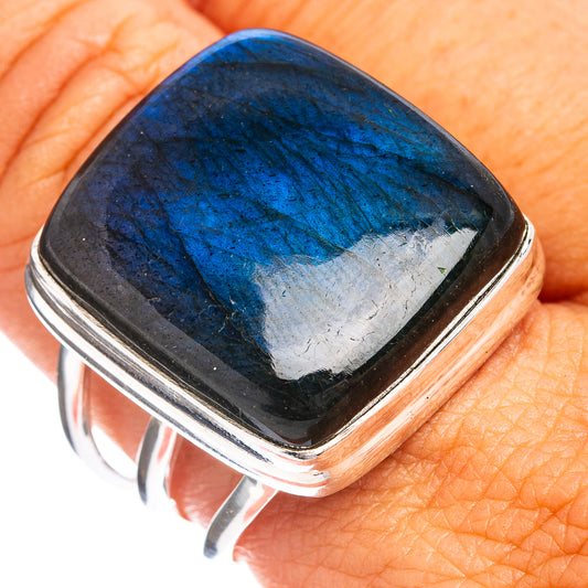 Labradorite sterling silver ring, glossy deep blue stone with silver border, size 9.5