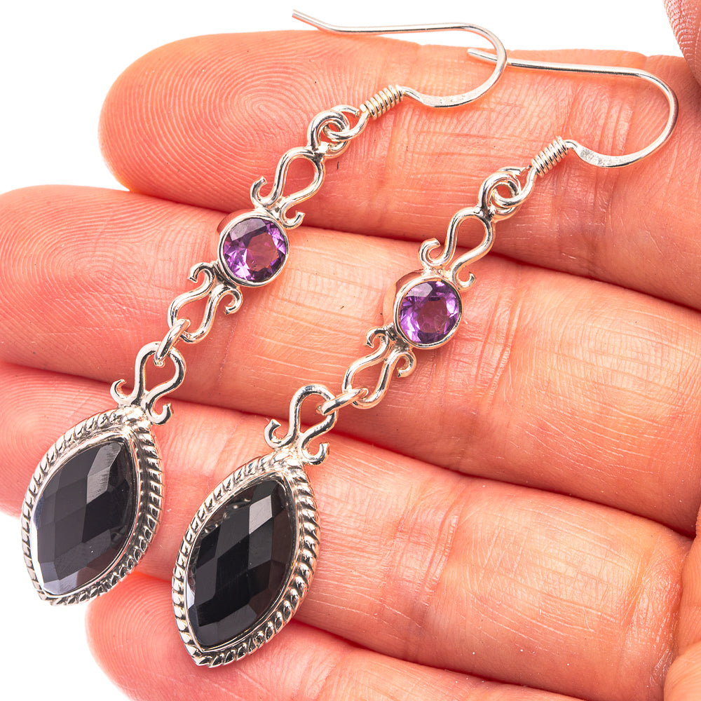Premium Black Onyx, Amethyst Earrings 2 1/4" (925 Sterling Silver) E432366