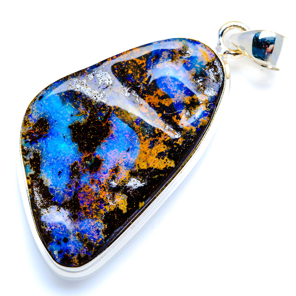 Sterling silver teardrop opal pendant with blue, black, and gold matrix stone