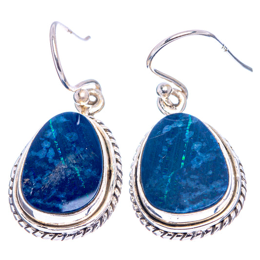 Pair of oval blue opal drop earrings, .925 sterling silver, ornate border, hook backs