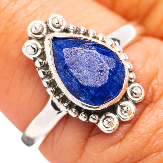 Sterling silver sillimanite ring, oval blue gemstone with ornate round bezel
