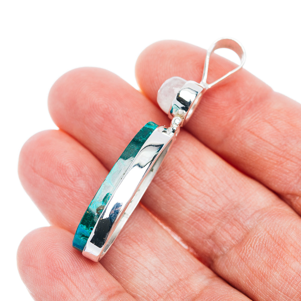 Premium Malachite In Chrysocolla, Rainbow Moonstone Pendant 2" (.925 Sterling Silver)