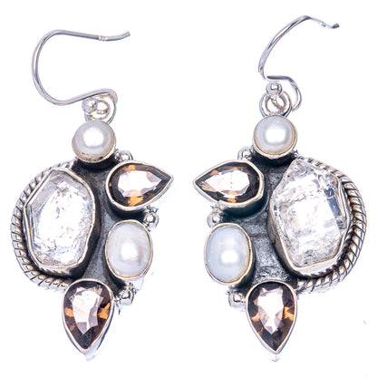 Premium Herkimer Diamond, Smoky Quartz, Cultured Pearl 925 Sterling Silver Earrings 1 3/4" (925 Sterling Silver) E1213