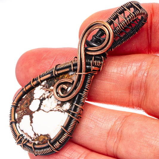 Oxidized copper wire wrap pendant detail with teardrop Wild Horse jasper cabochon