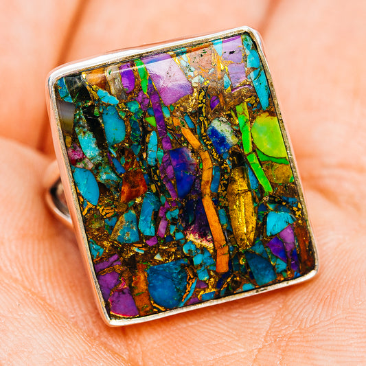 Sterling silver rectangular mosaic ring, bright turquoise, purple, gold colors