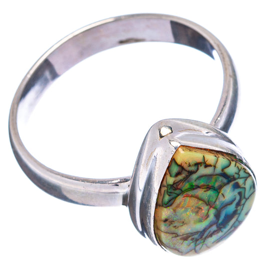 Sterling silver opal ring, side view with oval colorful opal bezel on wide band
