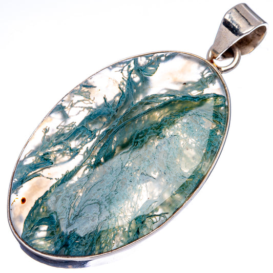 Oval moss agate pendant with marbled teal, green, and cream stone in sterling silver setting