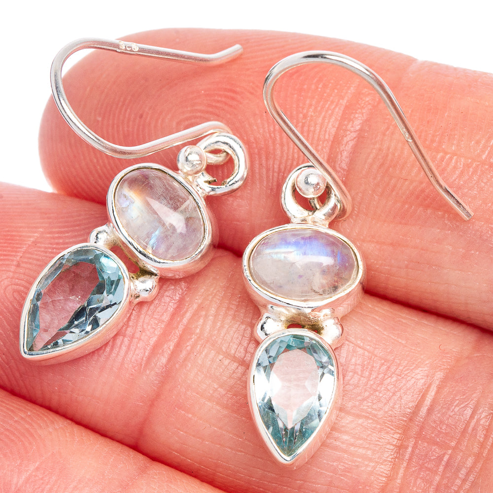 Rainbow Moonstone, Blue Topaz Earrings 1 3/8" (925 Sterling Silver) E433567