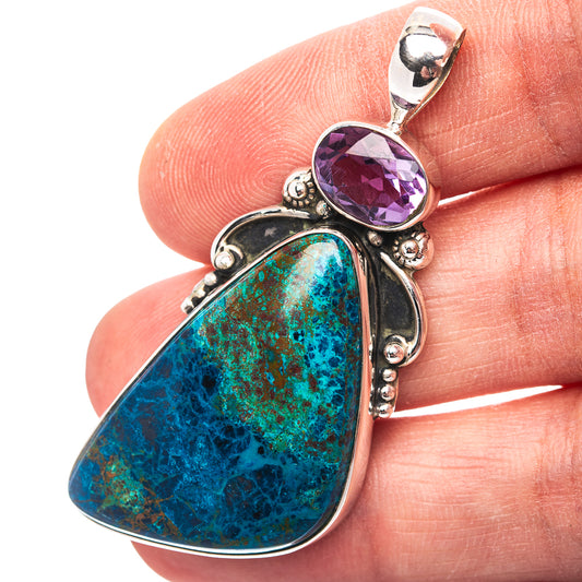 Premium Southwestern Style Shattuckite, Amethyst Pendant 2 1/8" (.925 Sterling Silver)