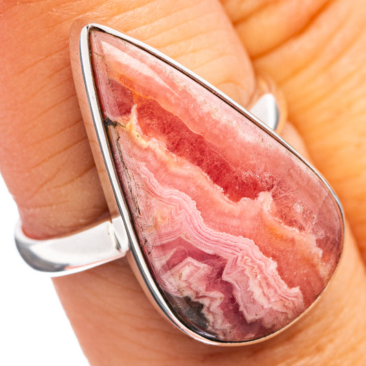 Teardrop rhodochrosite ring in .925 sterling silver, pink stone with banded pattern