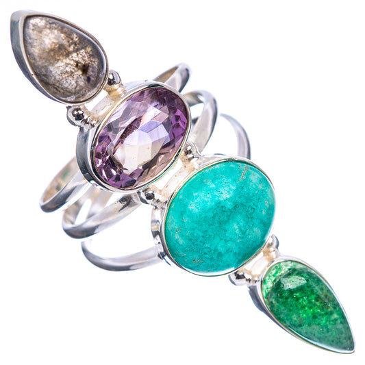 Sterling silver ring with purple oval, turquoise oval, green marquise, and gray stone