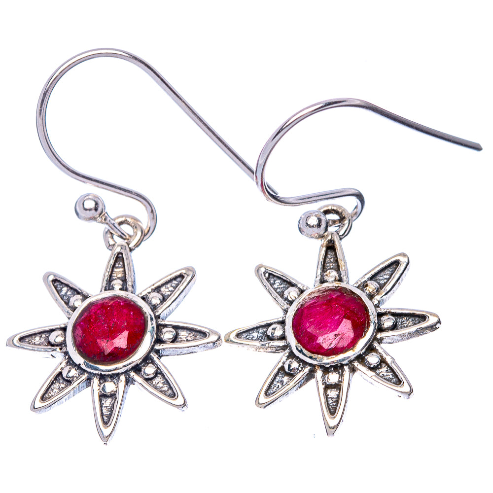 Sterling silver flower drop earrings with ruby-red round stones and fishhook closures