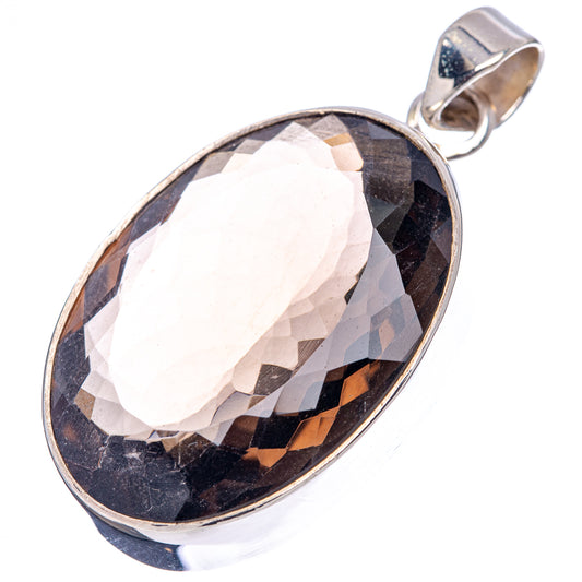 Smoky quartz pendant .925 sterling silver oval bezel with faceted dark stone, side view