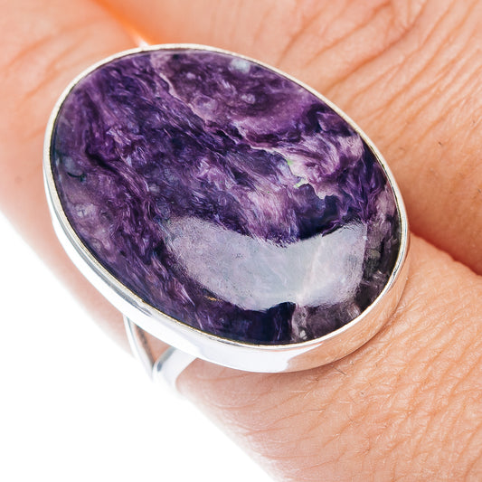 Size 9 sterling silver charoite ring with oval purple cabochon, high-polish bezel