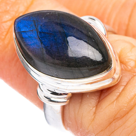 Labradorite ring with dark blue oval cabochon and polished .925 sterling silver band