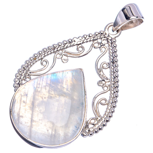 Sterling silver teardrop moonstone pendant on ornate chain, rainbow iridescence.