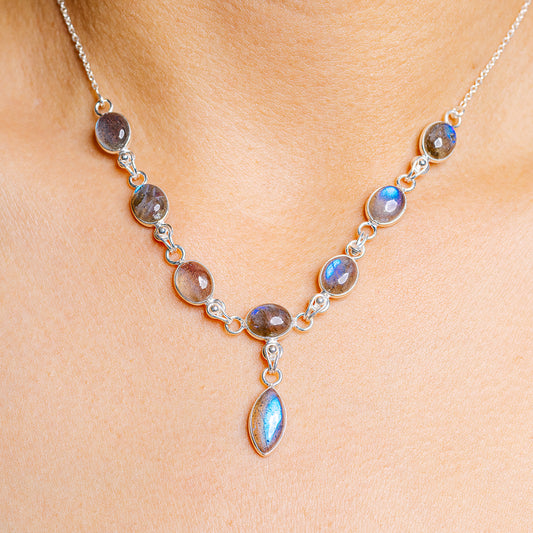 Sterling silver labradorite necklace with oval link chain and blue oval centerpiece