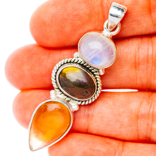 Premium Multi-Gem Rainbow Moonstone, Citrine, Labradorite Pendant 2" (.925 Sterling Silver)