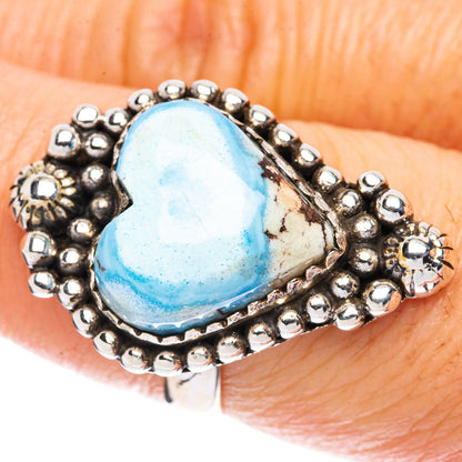 Heart turquoise gemstone ring in silver with bead-like frame, size 6.75
