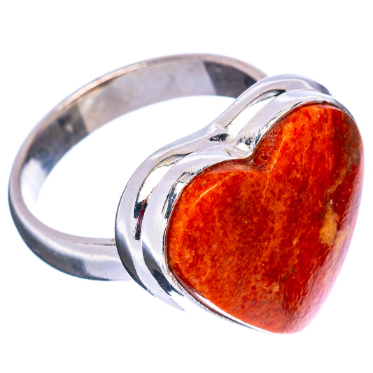 Orange sponge coral heart cabochon ring in polished sterling silver band