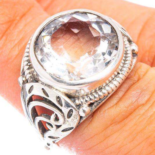 Sterling silver ring with large clear white quartz center and engraved decorative band