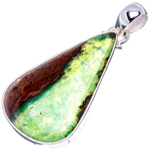 Boulder chrysoprase pendant, teardrop cabochon with green mottled stone and silver bail