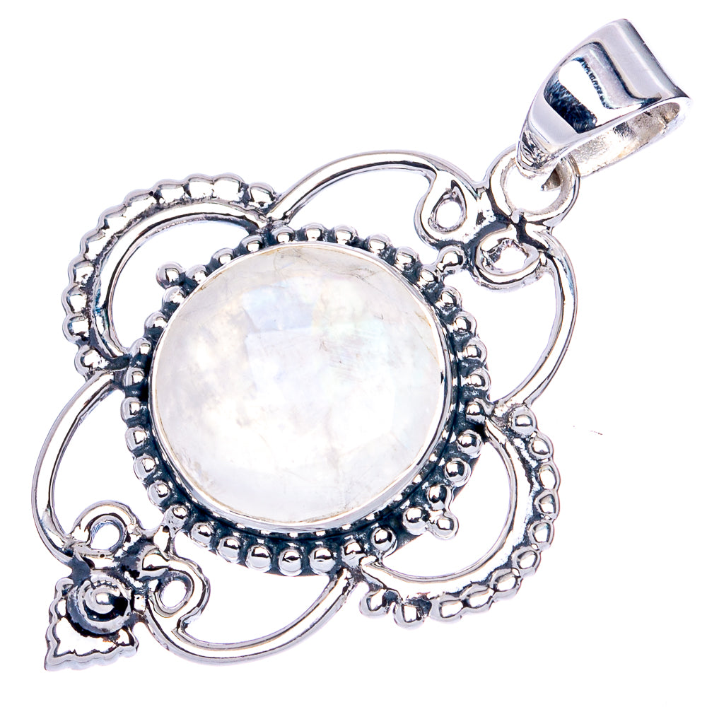 Oval moonstone pendant in 925 sterling silver with ornate beaded filigree and bail